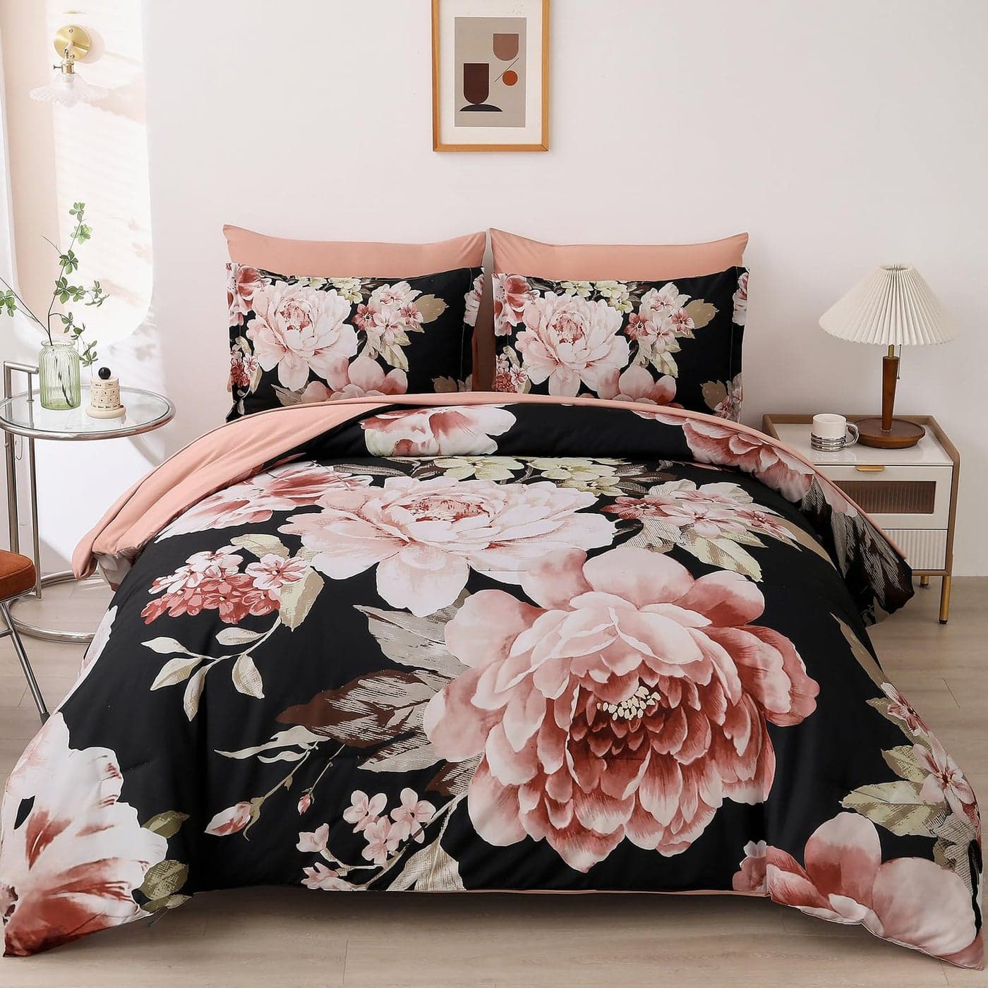 Floral Comforter Set Queen Size 7 Pieces Bed in a Bag Pink Black Floral Bedding Sets Elegant Flower Bed Set Lightweight Comforter for All Season with Flat Sheet Fitted Sheet Pillowcases Shams