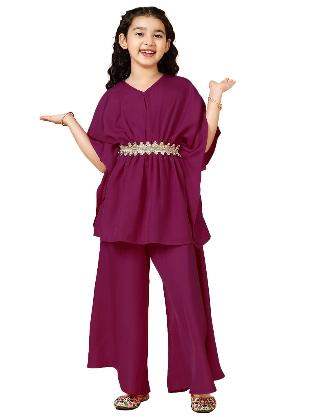 A.T.U.N. (ALL THINGS UBER NICE) Girls Solid Polysilk Wine Kaftan with Flared Pant Set