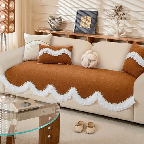 HOKIPO 'French Classic Frill' Elegant Wavy Sofa Cover Mat with Lace Frill | Anti-Slip Sofa Cover for 1 Seater Sofa Set | Slipcover, Copper Orange (AR-6138-OR*1)