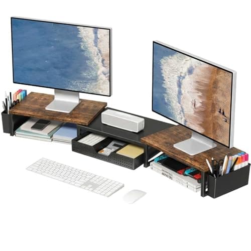 OPNICE Desk Organizers and Accessories Dual Monitor Stand Riser with Drawer and 2 Pen Holders Desk Shelf Wood Computer Racks for Office Workspace Organizers Desktop Organization Rustic Brown