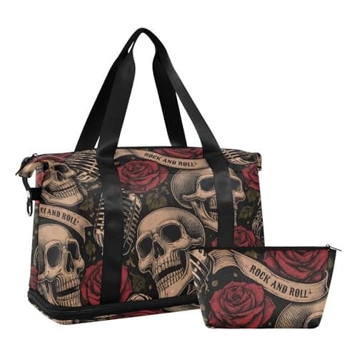 ALAZA Vintage Skulls Music Roses Gym Bag Sports Duffel Bag with Shoes Compartment Overnight Weekender Travel Tote Bag for Women Men Trip College