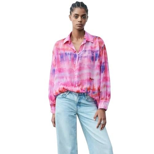 Gufrina Women’s Casual Button Down Shirt in Pink Tie Dye Print with Purple and Red Accents Long Sleeve Relaxed Fit Shirt (Pink XXL)