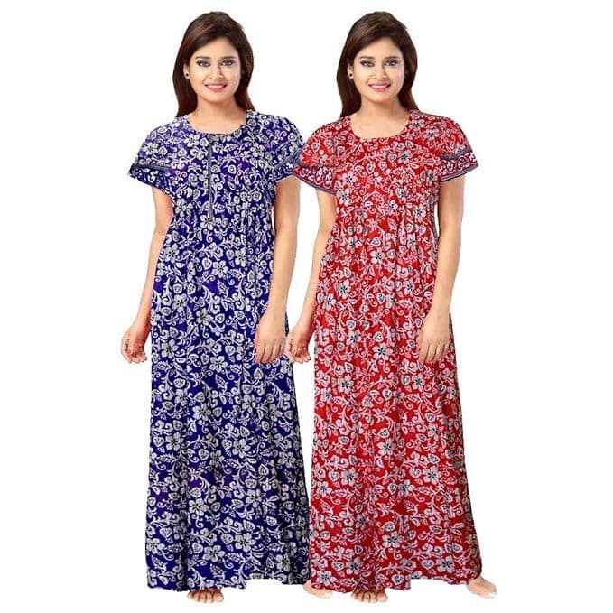 KBNBJ Women's Cotton Printed Maxi Nighty (Pack of 2) (Free Size, 01 Red & Blue)