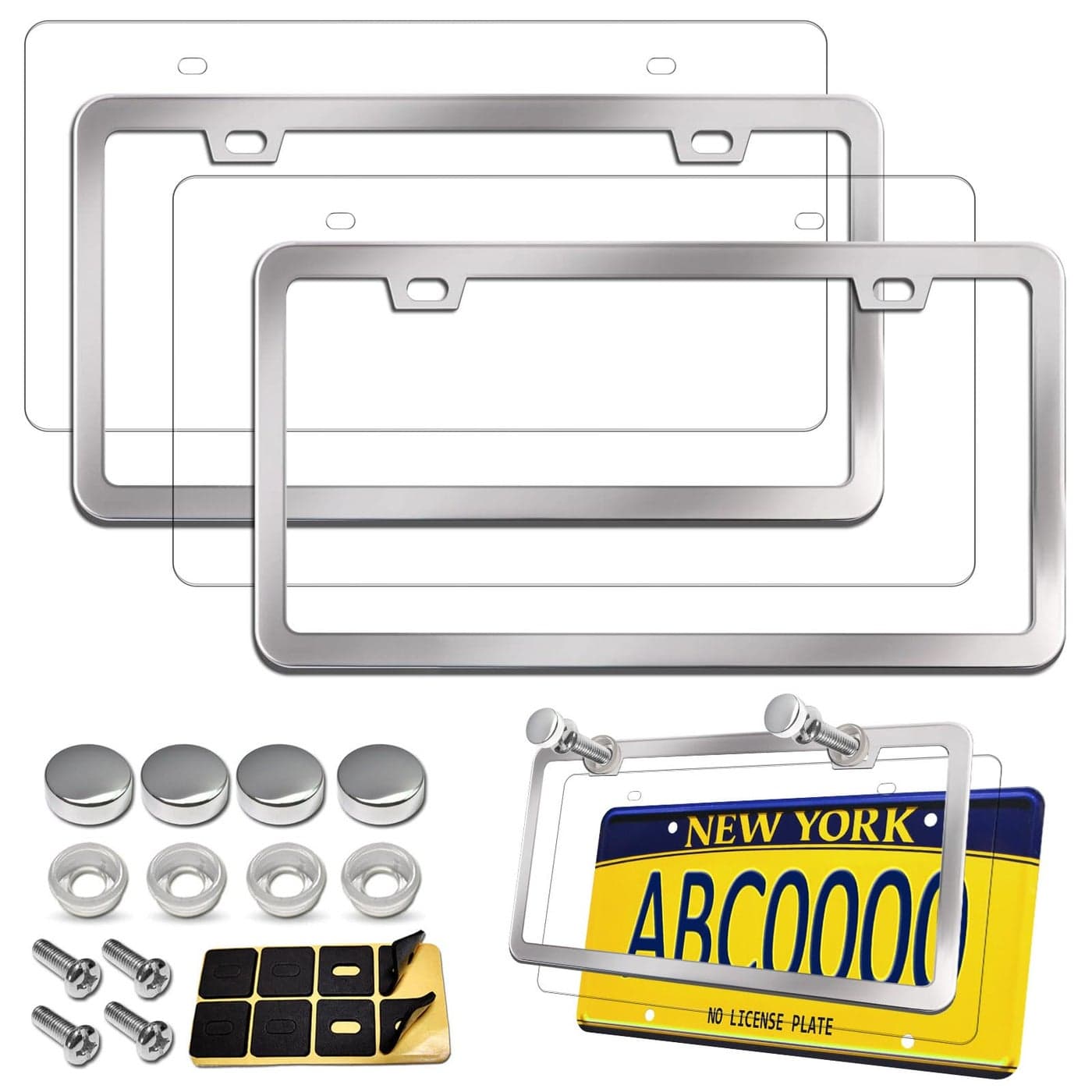 Aootf License Plate Frames Covers Stainless Steel Car Tag Holder and Clear Flat Shield Unbreakable Front Rear Protector with Chrome Screws Caps 2 Sets