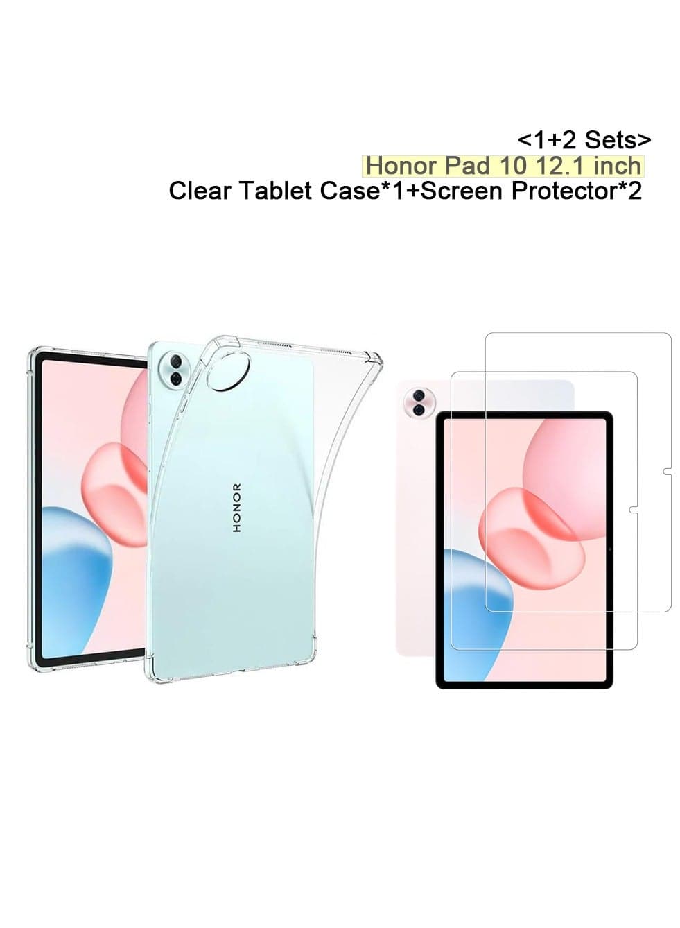 【1+2 Sets】 Tablet Case Screen Protector Soft Silicone Shock Absorption Protective Cover 9H Tempered Glass Film HD For Honor Pad 10 12.1 inch Clear