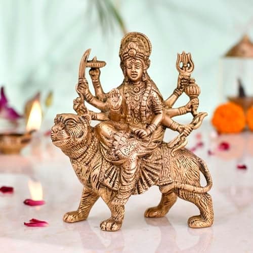 CraftVatika Brass Durga Sherawali MATA Idol Murti Statue Sitting on Lion - Religious Idol Figurine - Brass Ambe Maa Statue for Pooja Room Home Décor Navratri Gift (5.1 Inch Height)
