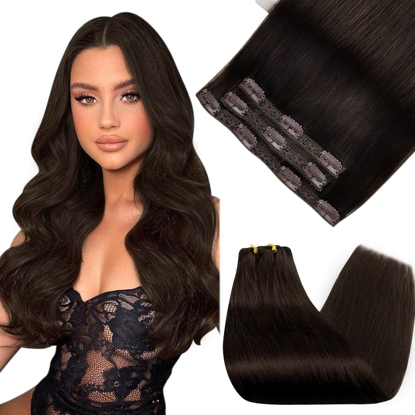 Sunny Hair Clip in Hair Extensions Straight Human Hair Clip in Extensions Remy Clip in Hair Extensions Real Human Hair Extensions Clip ins Dark Brown Natural Hair Color 2 14inch