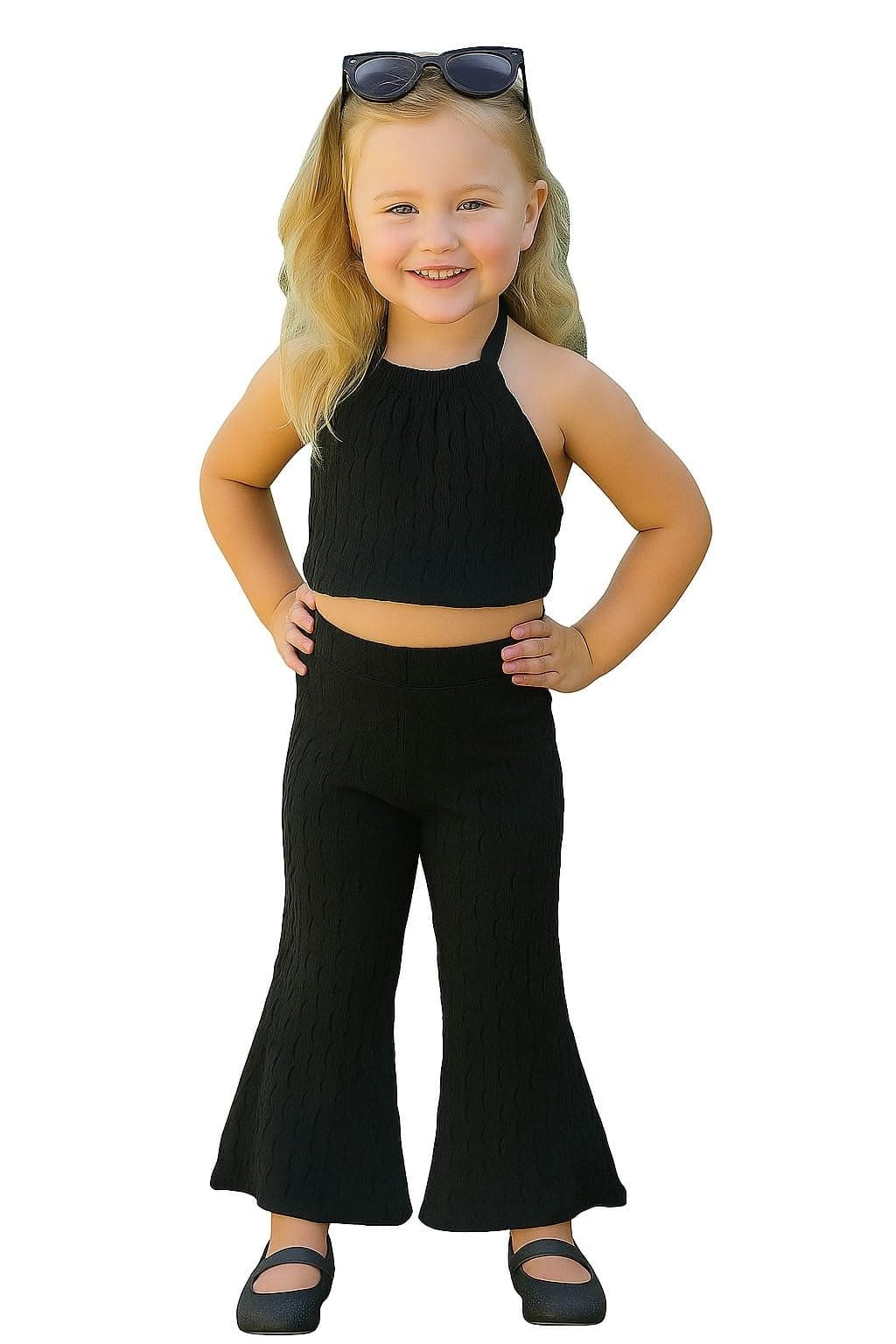 A.T.U.N. (ALL THINGS UBER NICE) Girls Black Textured Halter Neck Crop Top and Bell Bottom Pants Set | Trendy Co-ord Outfit