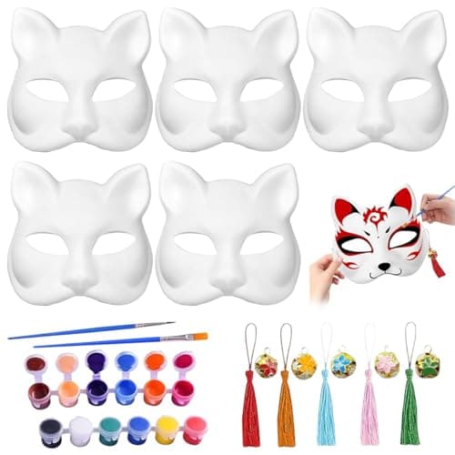PATPAT® 5pcs Fox Mask, Blank DIY Halloween White Graffiti Fox Cat Masks Graffiti Masquerade Mask Halloween DIY Face Mask with Acrylic Paints, Brush Pens, Tassle Charms & Sakura Bell Charms