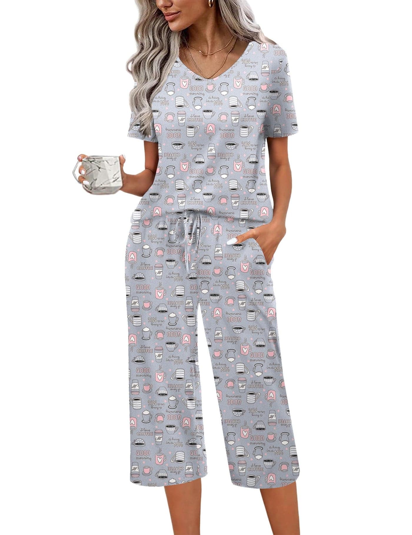 Ekouaer Womens Pajama Set 2 Piece Cotton Pj Short Sleeve Sleepwear Top with Capri Pants Print Nightwear,M