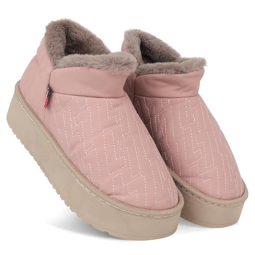 CASSIEY Comfortable Home Indoor/Outdoor Winter Fur Snow Boot |Womens Slip on Thick Sole Shoes- Peach