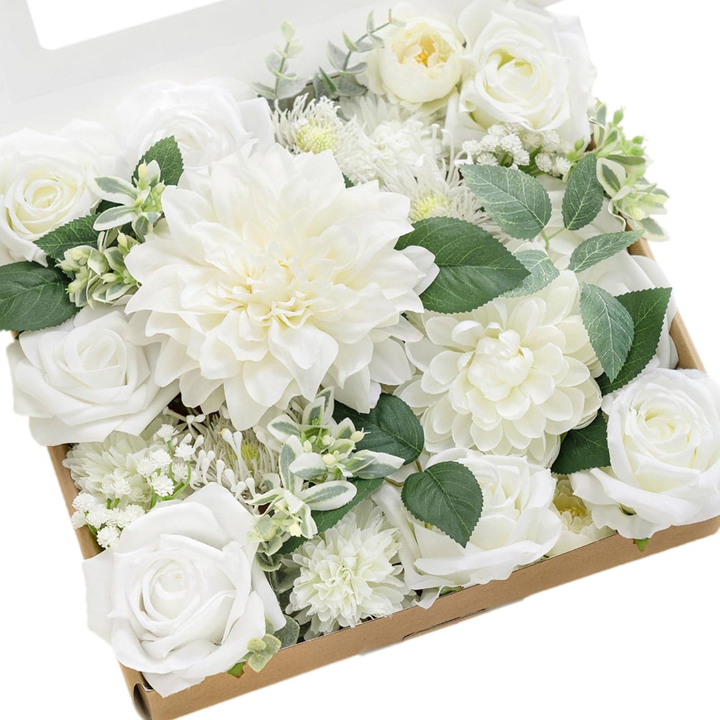 Lings moment Fake Flowers Box Faux Artificial Greenery Stems Foam Roses Silk Dahlia Rose Leaves Fabic Flower for Centerpieces Bouquet Wedding Vase Floral Decorations White Sage Grand Combo