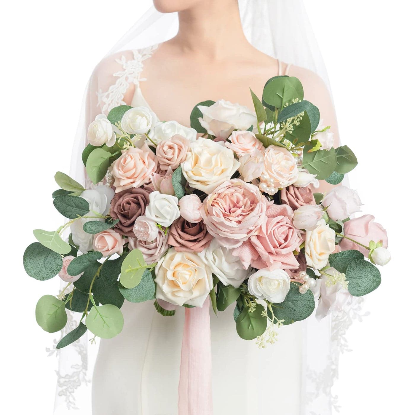 Lings Moment Pink Wedding Bouquets for Bride Dusty Rose Bridal Bouquets for Bride 15 Inch Free Form Artificial Wedding Flowers Bouquets