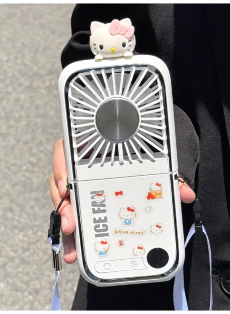Silent Handheld Ice Pack Electric Fan With Neck Folding USB Mini Fan can Be Used As a Power Bank White (With Cat Head And Mini Sticker)