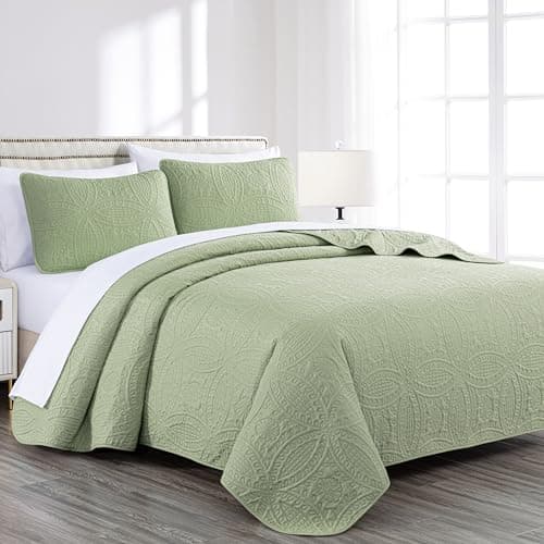 Chezmoi Collection Austin 3-Piece Oversized Bedspread Coverlet Set (King, Sage)
