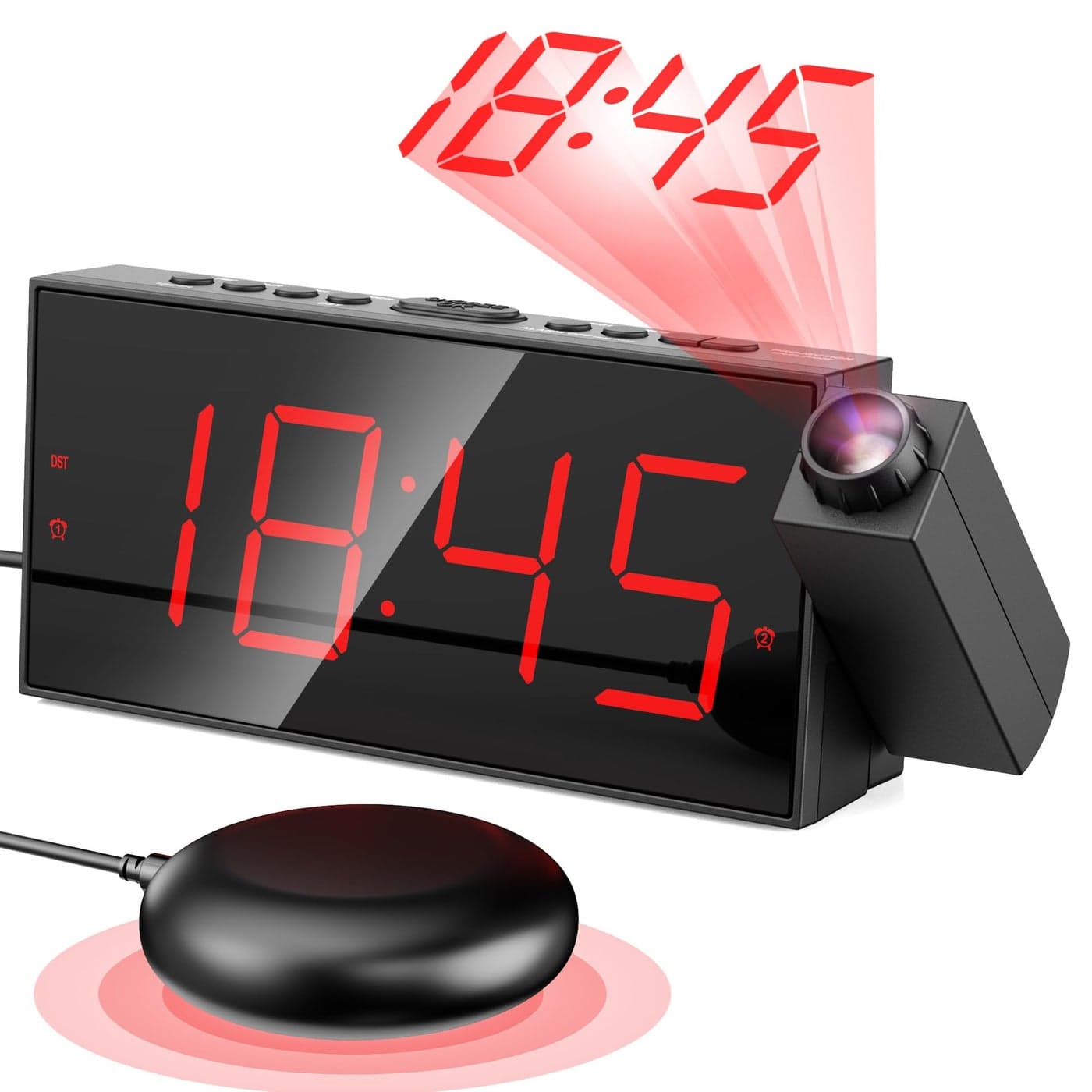 Mesqool Projection Alarm Clock Loud Vibrating Alarm Clock for Heavy Sleepers Adjustable Projection BrightnessHearing Impaired Deaf People Digital Alarm Clock with USB Charging Port