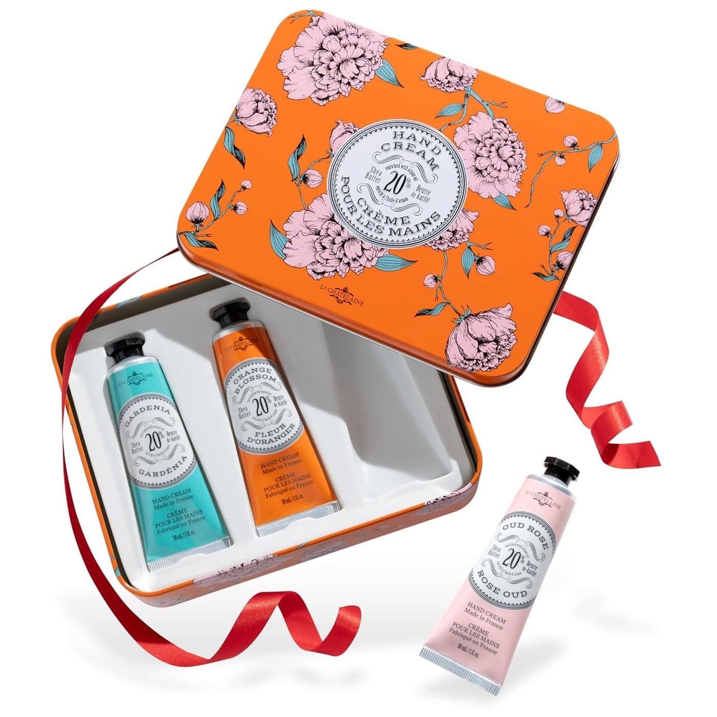 La Chatelaine Hand Cream Trio Tin Gifts for Mom Natural Hand Lotion Gift Set Made in France with 20 Organic Shea Butter Nourishing Moisturizing Gardenia Orange Blossom Oud Rose 3 x 1 fl oz