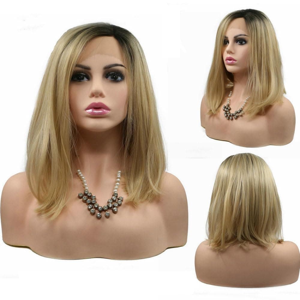 14 Natural Hairline Short Bob Wig for Women Side Part Shoulder Length Dark Roots Ombre Blonde Bob Synthetic Lace Front Wigs Daily Use Girls Replacement Drag Queen Wig 180 Density4T