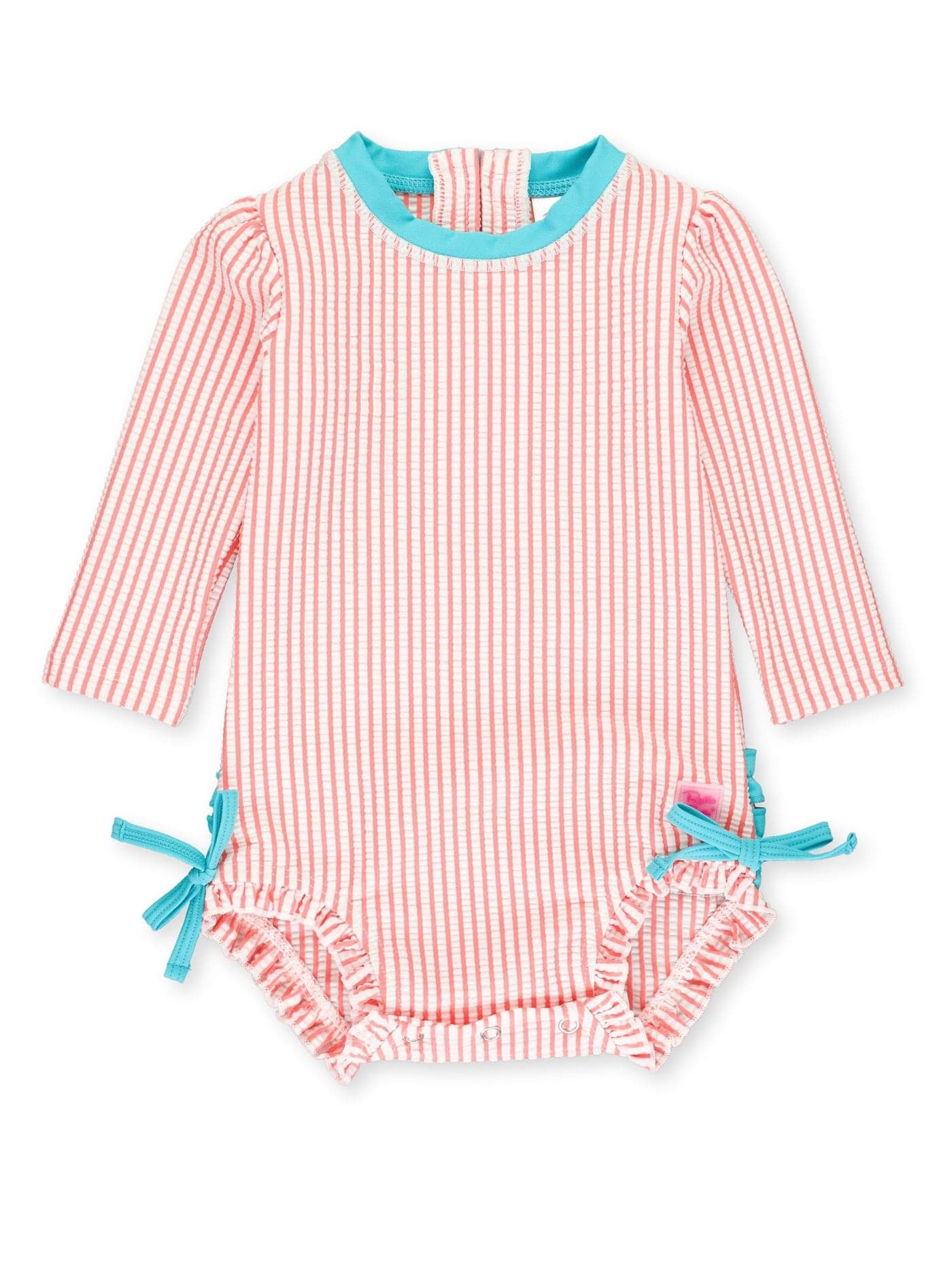 RuffleButts Baby-Girls Seersucker Long Sleeve Rash Guard - One Piece Swimsuit UPF 50+ Toddler