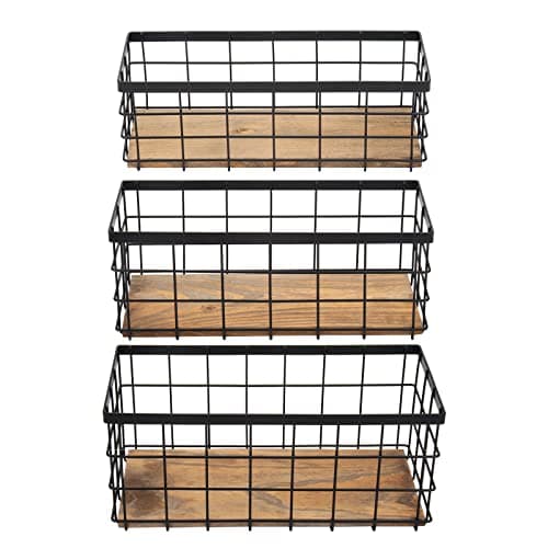 TIEYIPIN Farmhouse Decor Metal Wire Storage Baskets, Wood Base Containers Organizing Basket Caddy Bin for Kitchen Cabinets, Bathroom, Pantry, Garage, Laundry Room, Closets - Small - Black (Set of 3)