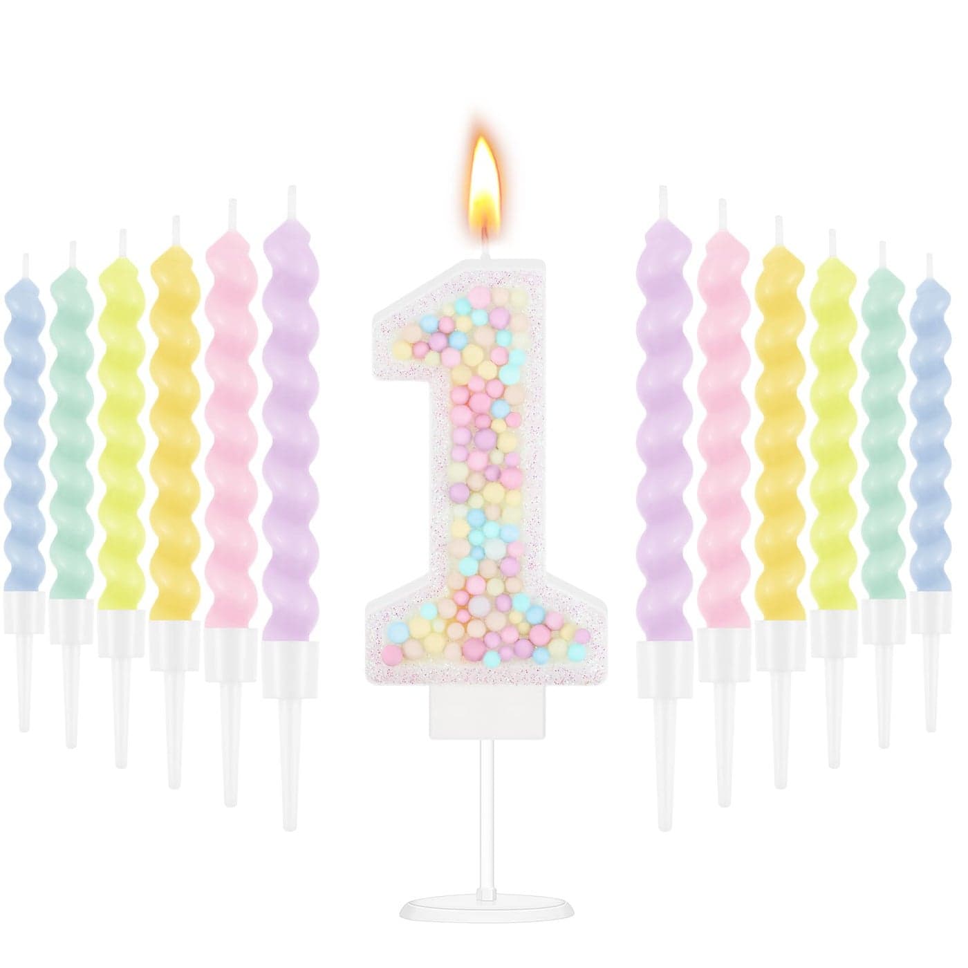 MTLEE Number 1 Birthday Candle with 12 Pcs Spiral Candles for Girls Macaron Pastel Rainbow Unicorn Pink Cake Topper for Sweet Theme Party Decoration
