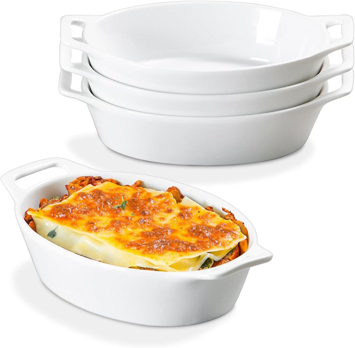 ONEMORE Oval Au Gratin Baking Dish 20 oz Small Casserole Dishes with Handles 6x8 Ceramic Baking Pan for 12 People Oven Safe for Lasagna Pies Individual Servings Side Dishes Set of 4 White