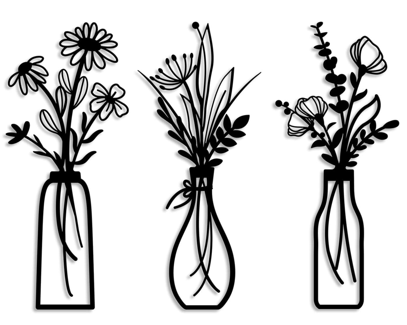 Pigort 3 Pieces Metal Flowers Wall Arts Rustic Farmhouse Decor Black Minimalist Flower Wall Decors for Living room Bathroom Bedroom Dining Room Housewarming GiftsBlack VaseC