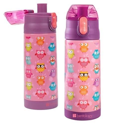 Bentology Stainless Steel 13 oz Reusable Water Bottle for Kids, Owl - Double Wall Insulated, Spill Proof Lid w/Built-in Straw- Keep Liquids Hot or Cold For Hours- Fits in Lunch Boxes & Bags