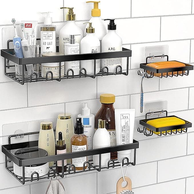SaleOn Set of 4 Bathroom Shelf | 2 Shower Caddy & 2 Soap Holder | Wall Mounted Bathroom Rack with Hooks | Self Adhesive Mild Steel Shampoo Organizer | Black Bathroom Accessories Shelf