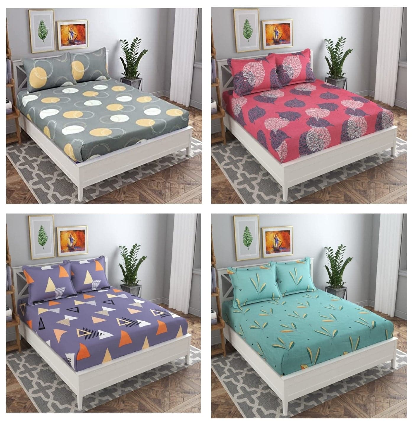 Vas Collections Prime Collection Combo Pack of 4 Double Bedsheet with 8 Pillow Covers | 160 Tc Soft -Long Lasting - | 225X228 Cm Or 7.5X7.5 Ft-Grey,Pink & Green - Microfiber