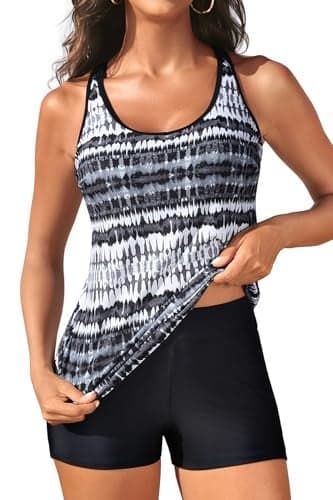 Yonique 2 Piece Tankini Swimsuits for Women with Boy Shorts Athletic Swim Tank Top Bathing Suits Black and White XXL