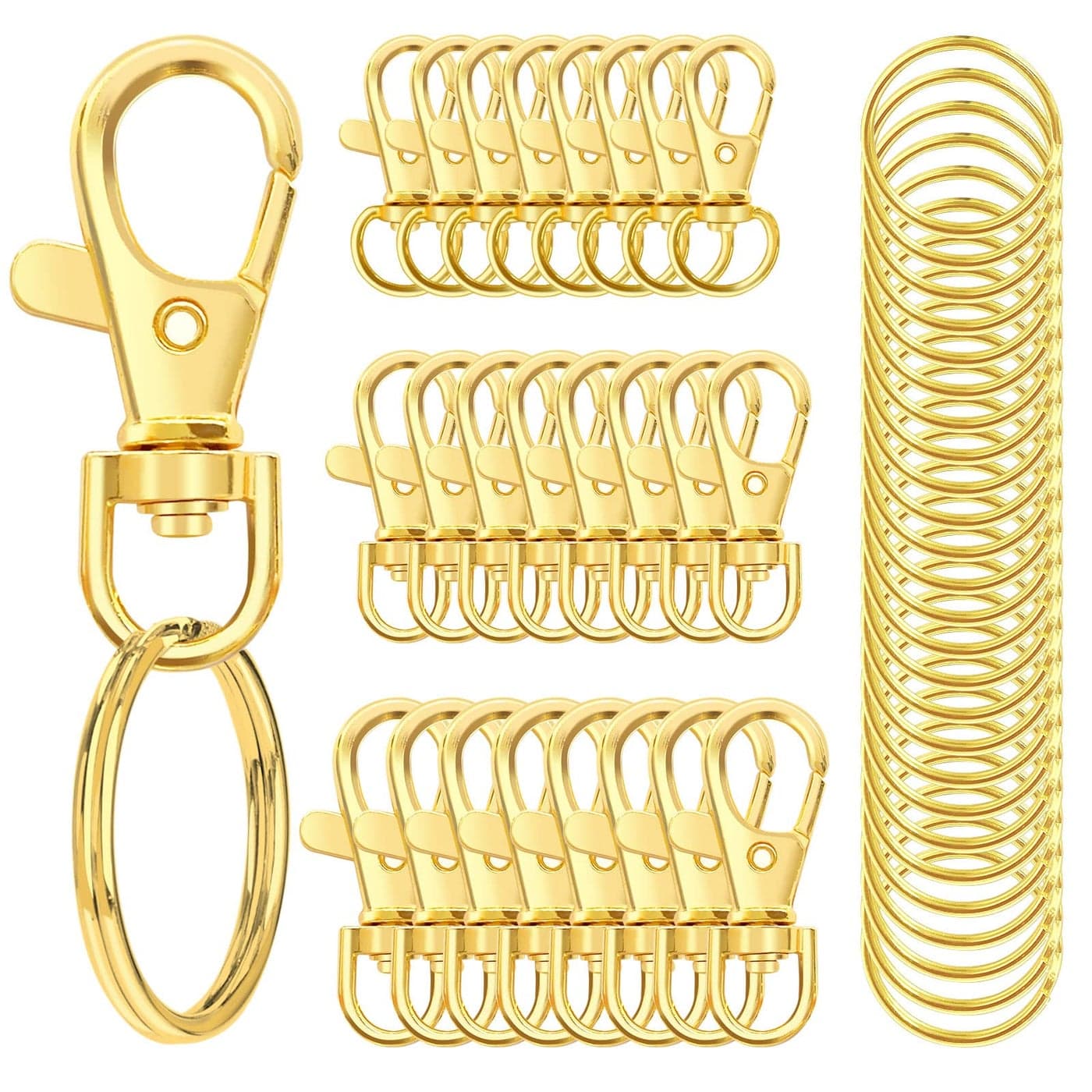 100PCS Swivel Snap Hooks with Key Rings Premium Metal Swivel Lobster Claw Clasps Assorted Sizes Large Medium Small for Keychain Clip Lanyard Jewelry Making Crafts Gold