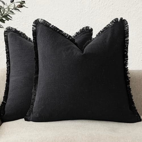 Foindtower Set of 2 Decorative Linen Fringe Throw Pillow Covers Cozy Farmhouse Boho Cushion Cover with Tassels Soft Accent Pillowcase for Couch Sofa Bed Living Room Home Decor 2020 Inch Black