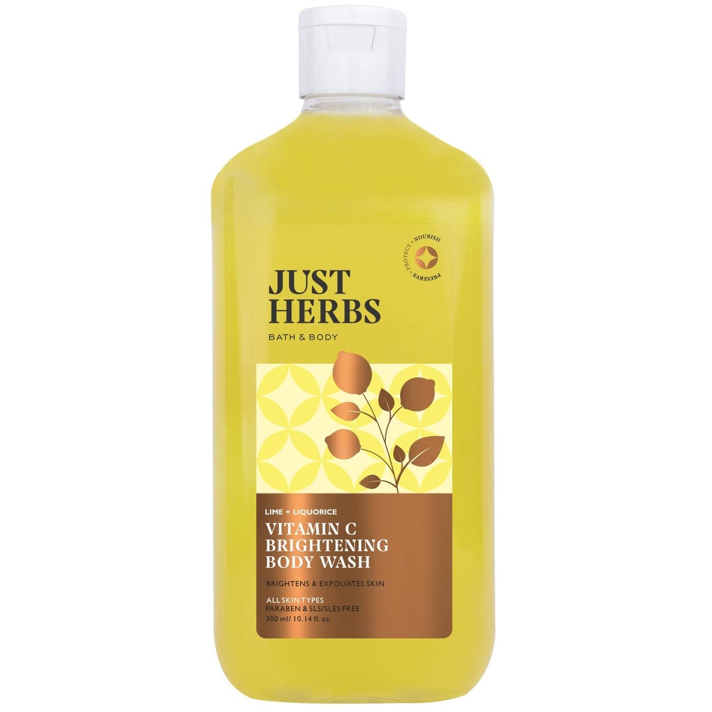 Just Herbs Vitamin C Brightening Body Wash with Lime and Liquorice for Men Women Hydrates Skin Reduces Hyperpigmentation Maintains pH Level Suits All Skin Types 300 ml