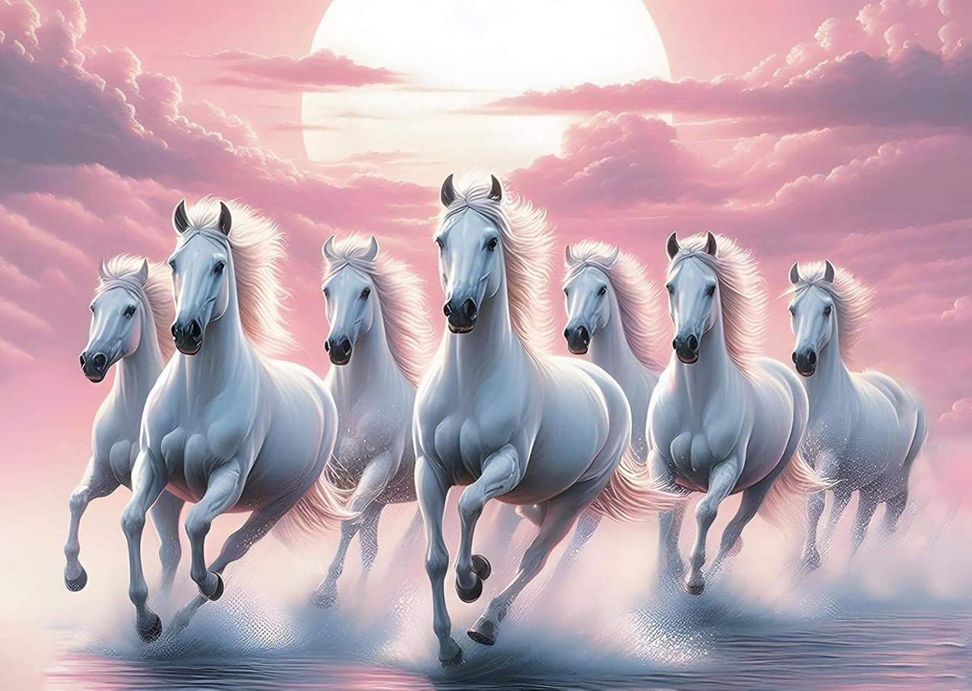 7 Horse Poster for Wall 7 Horses Wall Stickers 7 Horses Vastu Poster Big Size with Sunrise 7 Horse Sticker for Wall Decor Lucky 7 Horses Posters for Living Room Decoration Baby Pink
