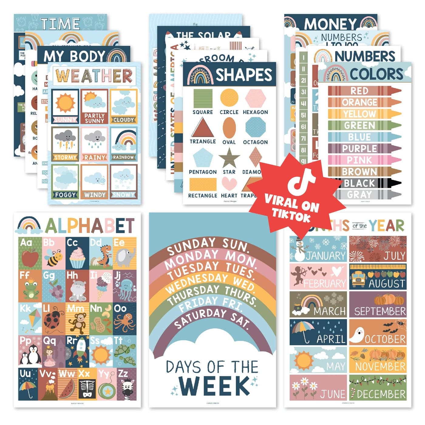 Hadley Designs 16 Educational Posters for Toddlers 13 Laminated Toddler Learning Posters for Preschool Kindergarten ABC Chart Numbers Colors Shapes Days of The Week Boho Classroom Decor