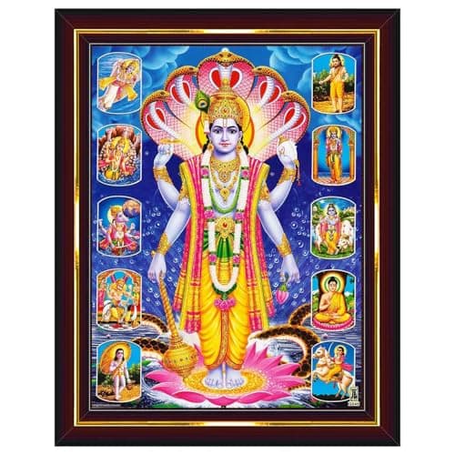 Pavan Photo Laminations Lord Vishnu Dev Avatar Narayan Dashavatar Wall Painting Framed Home Decor (Wood,Acrylic,Brown,Big Size,10x12 Inch) B575M