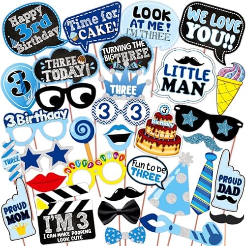 WOBBOX Third Birthday Photo Booth Party Props Blue for Baby Boy, 3rd Birthday Decorations for Boys, Kids Birthday Party Decoration Items