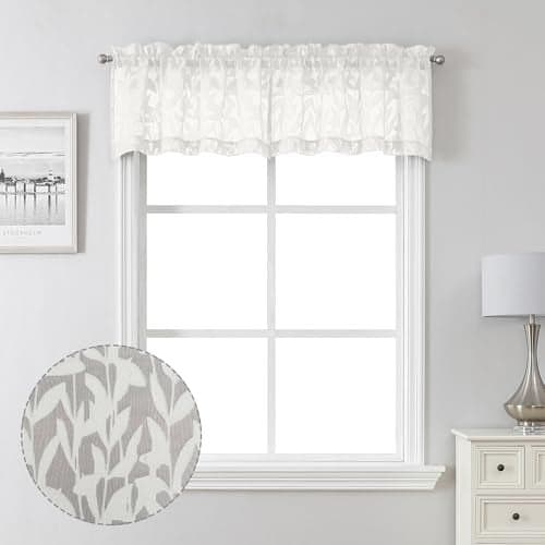 Lecloud Leia Sheer Ivory Window Curtains for Kitchen 14 Inch Length 2 PCS, Dual Rod Pockets Window Living Room Curtain Valance, Jacquard Clip Textured Leaf Short Bedroom Drapes, 40 W x 14 L
