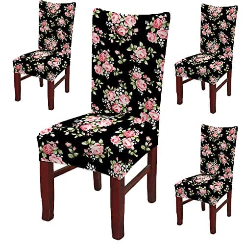 BRIDA® Stretchable Floral Printed Dining Chair Covers Elastic Chair Seat Case Protector, Slipcovers (4 Chair Cover, Black Pink), Polycotton Spandex