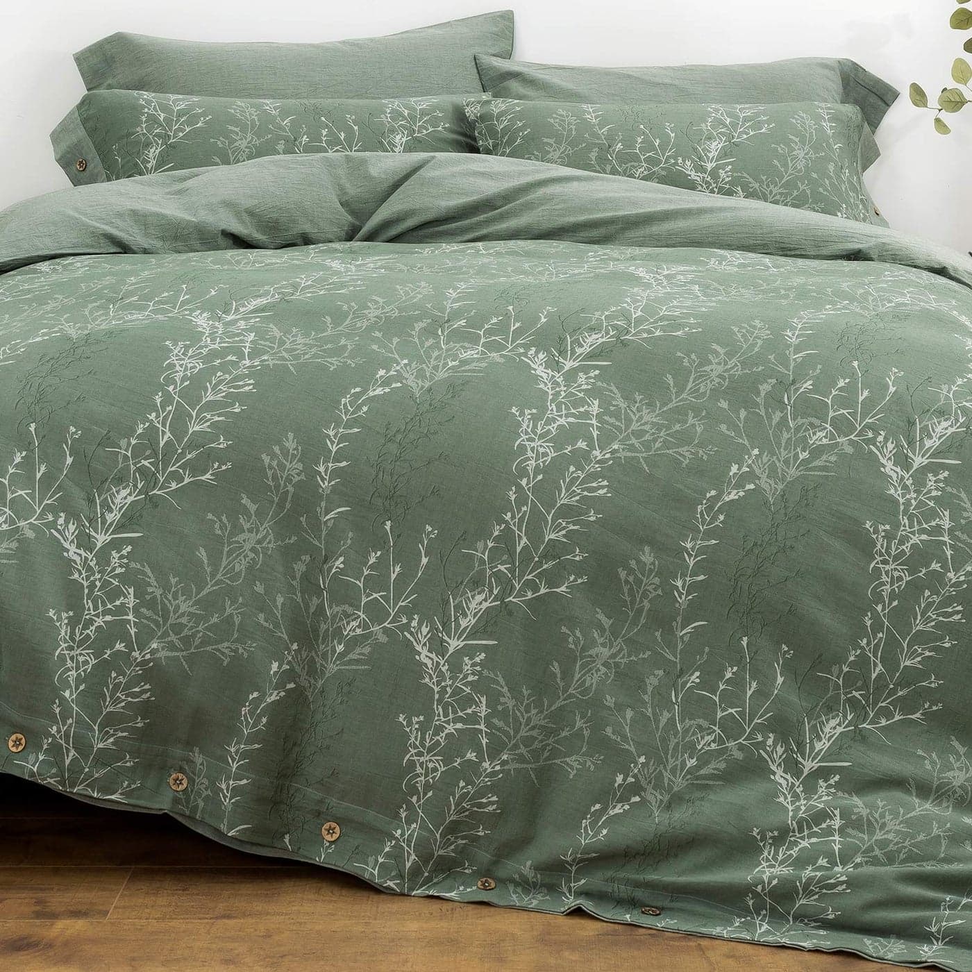 OREISE Duvet Cover Set King Size Washed Cotton Yarn Jacquard Green and White Thin Branch Pattern Floral Style 3Piece Bedding Set