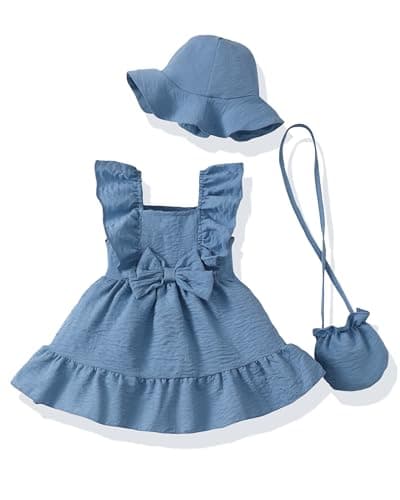 Renotemy Baby Girl Dresses Summer Outfits Newborn Infant Boho Denim Blue Casual Sundress with Hat Sleeveless Preemie Party Beach Dress Baby Girl Clothes 0-3 Months