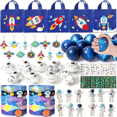 SNLN Outer Space Party Favors Birthday Supplies NonWoven Gift Bag Stress Ball Spaceship Toy Astronaut Eraser Silicone Bracelet Keychain Tattoo Sticker Galaxy Space Goodie Bags Party Decoration