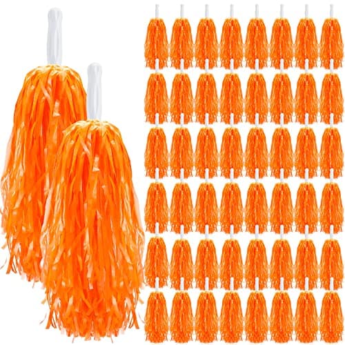 Yunsailing 48 Pieces Plastic Cheer Pompoms Sports Dance Cheerleader Pom Poms with Handles Squad Team Spirited Sports Party Dance Cheering Decorations for Adults Cheerleading(Orange)