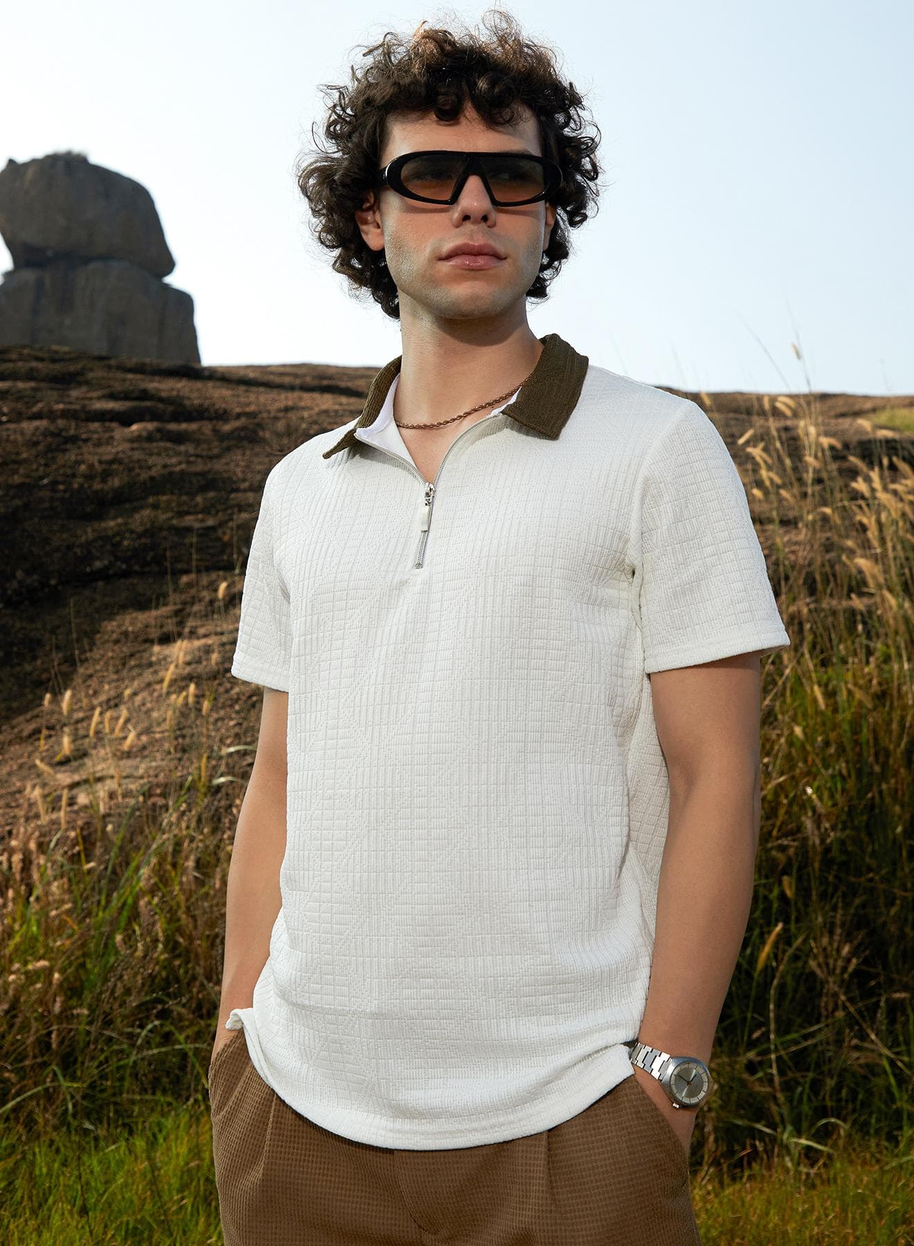 Men's Cream White Oblique-Block Polo T-Shirt