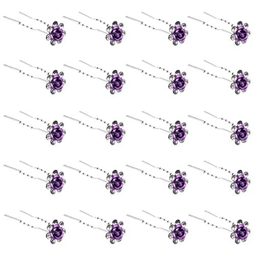 QIUTIMIY 20 Pack (Violet) Crystal Hair Pins Rose Flower Rhinestone Hair Clips for Bridal Wedding Women Hair Jewelry Accessories, with Clear Container