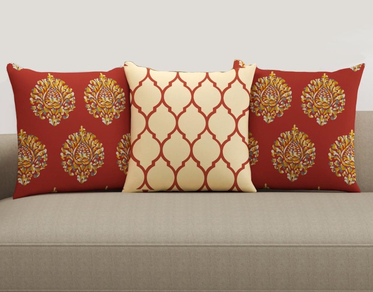 Trance Home Linen 100% Cotton Printed 18x18 inch Cushion Covers for Sofa and Diwan | Throw Pillow/Small Cushion Pillow Covers – (18x18 inch | 45cmx45cm, Damask & Dori Clay Red)– Set of 3