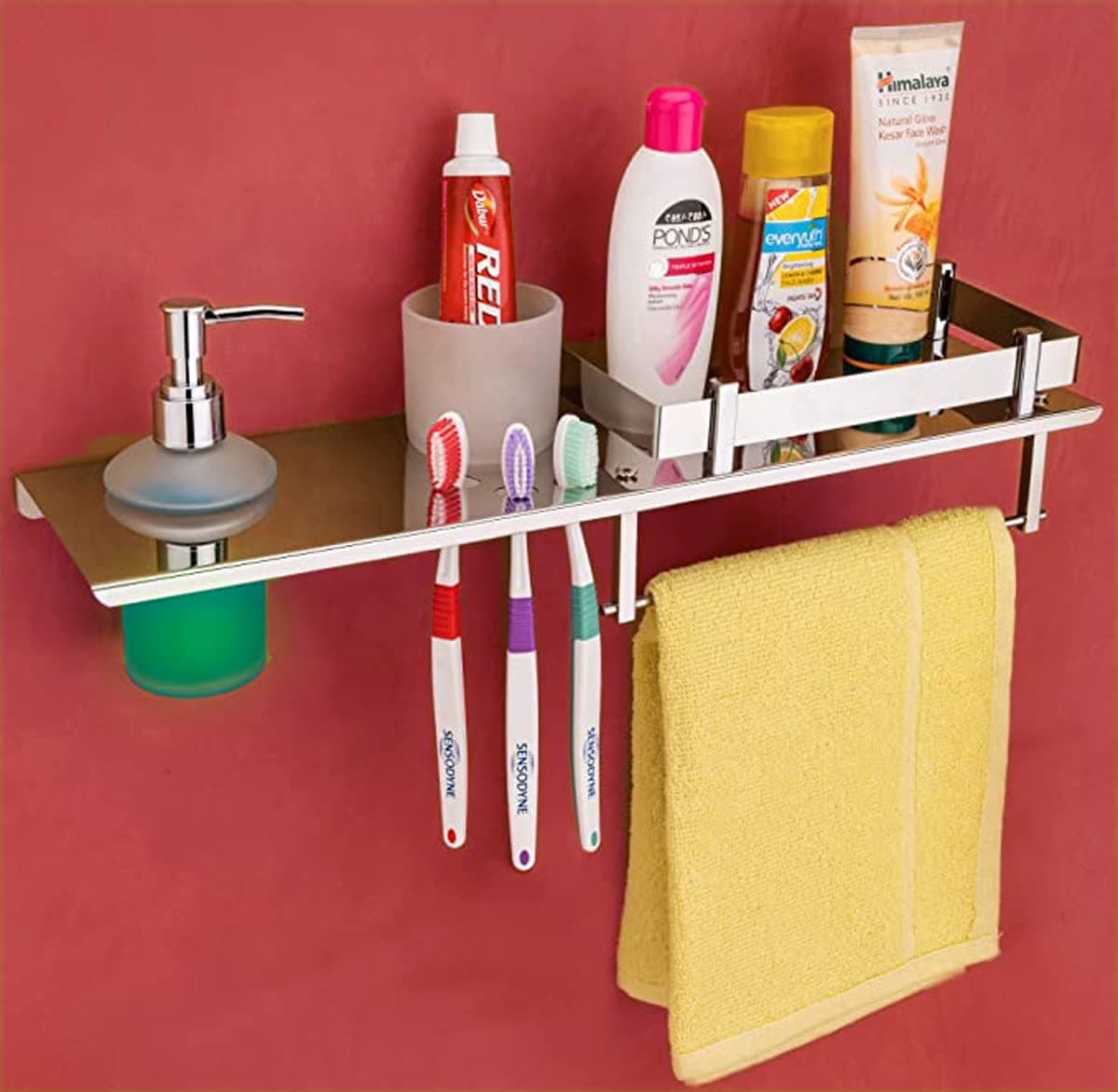 GOSAI Bathroom Accessories Matt Black Multipurpose Shelves with Toothbrush Holder | Soap Dispanser | Towel Ring All in 1 Shelf 18 x 5 inch, Stainless Steel