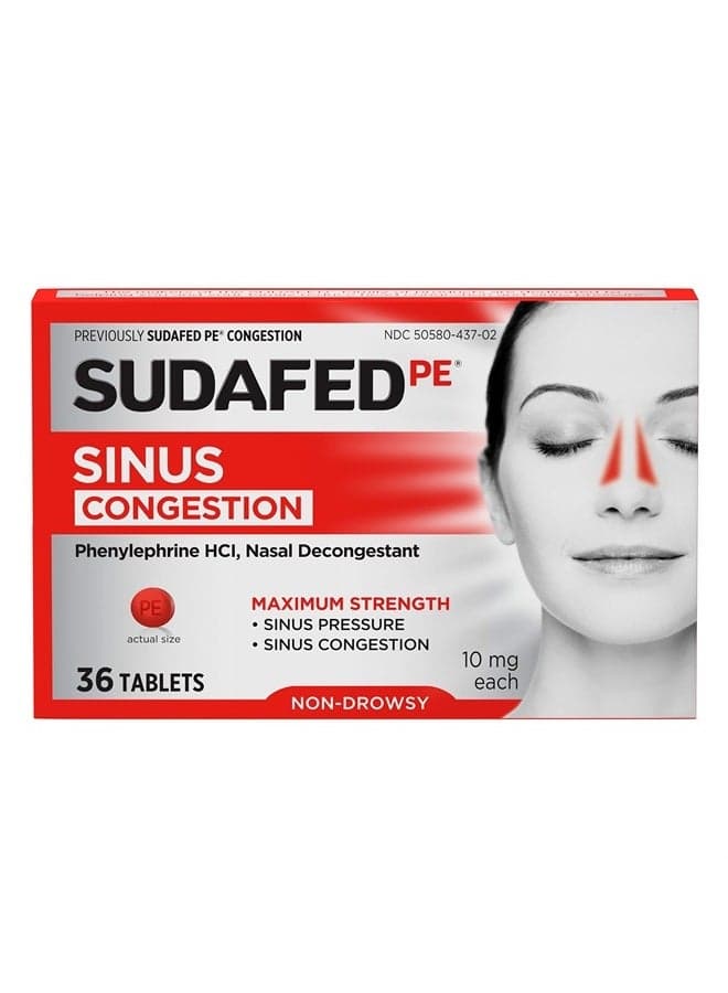 PE Sinus Congestion Maximum Strength Non-Drowsy Decongestant Tablets, 36 ct
