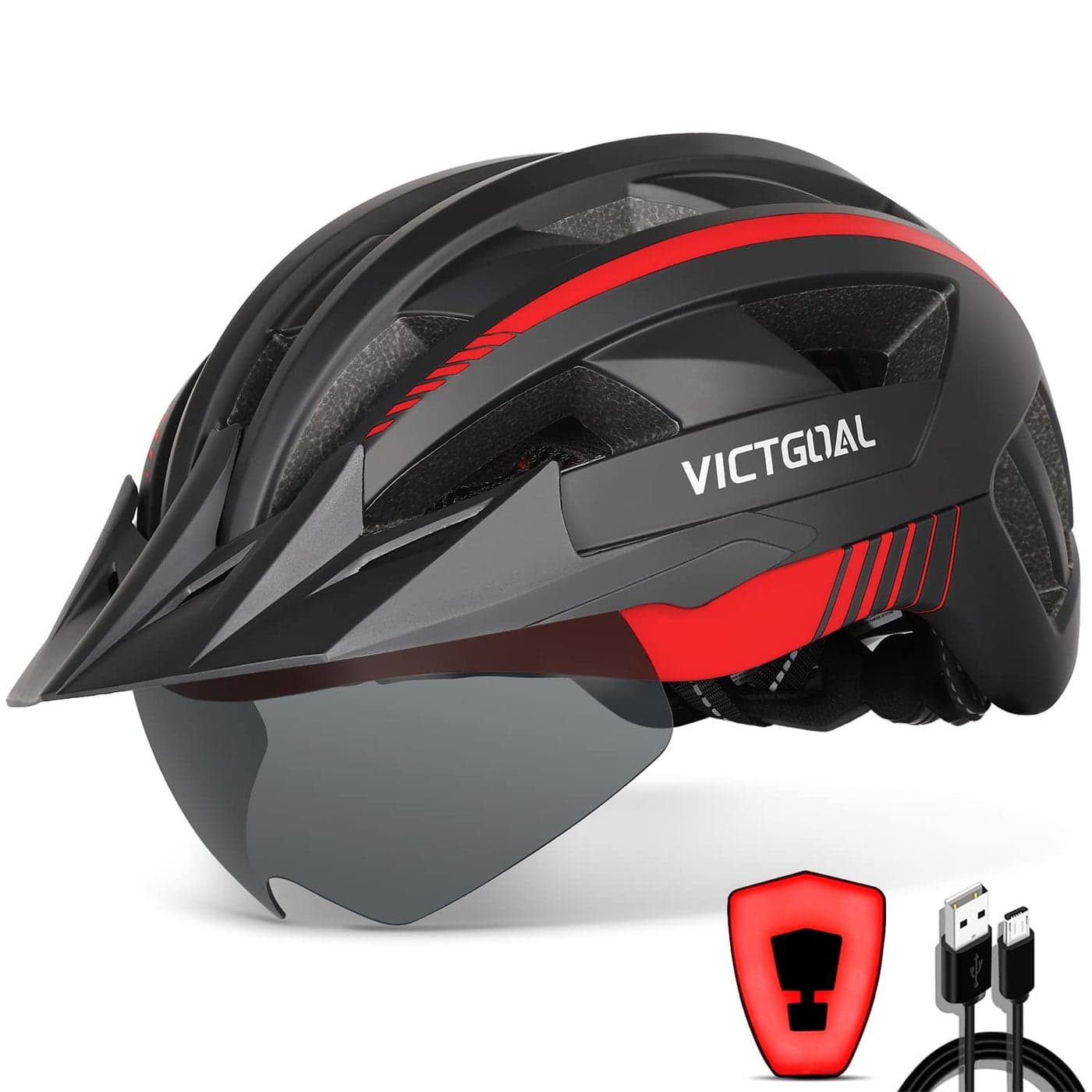 VICTGOAL Bike Helmet with USB Rechargeable Rear Light Detachable Magnetic Goggles Removable Sun Visor Mountain Road Bicycle Helmets for Men Women Adult Cycling Helmets L 5761 cm Black Red